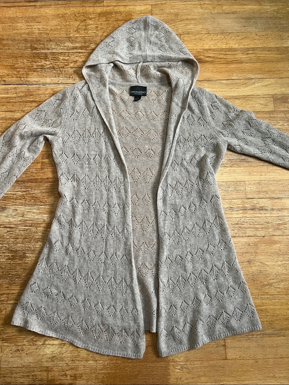 Cynthia Rowley 100% Cashmere Hooded Lace Knit Cardigan Tan Size L